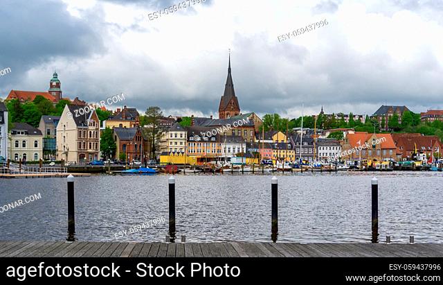 Flensburg, Germany - 27 May, 2021: view of the harbor front of the old town in the city of Flensburg