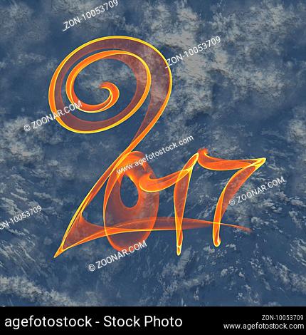 Happy new year 2017 flying digits numbers written with fire flame light on earth space background