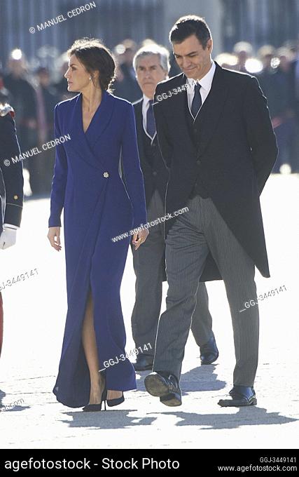 Queen Letizia of Spain, Pedro Sanchez, Prime Minister attends New Year's Military Parade 2020 at Royal Palace on January 6, 2020 in Madrid, Spain