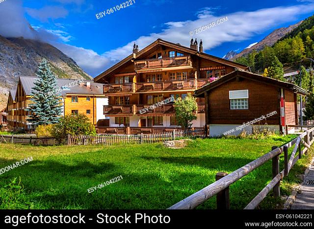 Houses decorated with flowers in Zermatt, alpine village, Switzerland, Swiss Alps