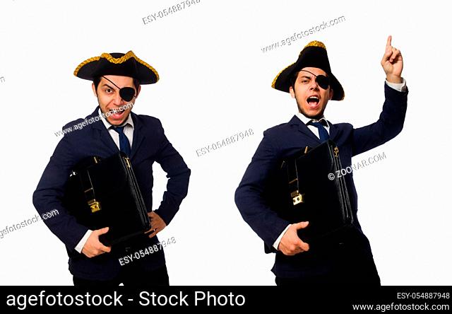 One eyed pirate with briefcase and sword isolated on white