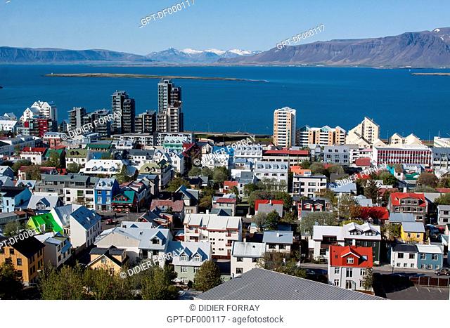 GENERAL VIEW OF REYKJAVIK CITY CENTRE AND THE KOLLAFJORDUR FJORD FROM THE TOWER OF HALLGRIMSKIRKJA CATHEDRAL, REYKJAVIK, ICELAND