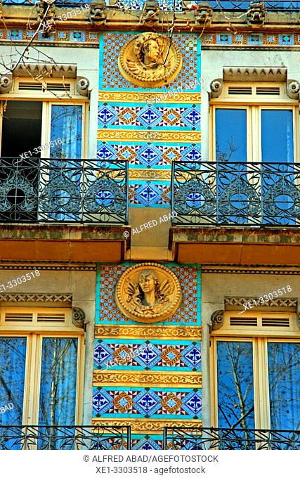 decorated facade of residential building, 1910, architect Francesc Daniel Molina, La Rambla, Ciutat Vella, Barcelona, Catalonia, Spain