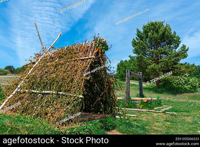 Russia, Taltsy, beautiful landscape, view of a hut from birch branches