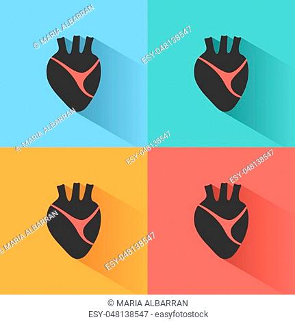 Human heart icon with shade on colored backgrounds. Vector illustration