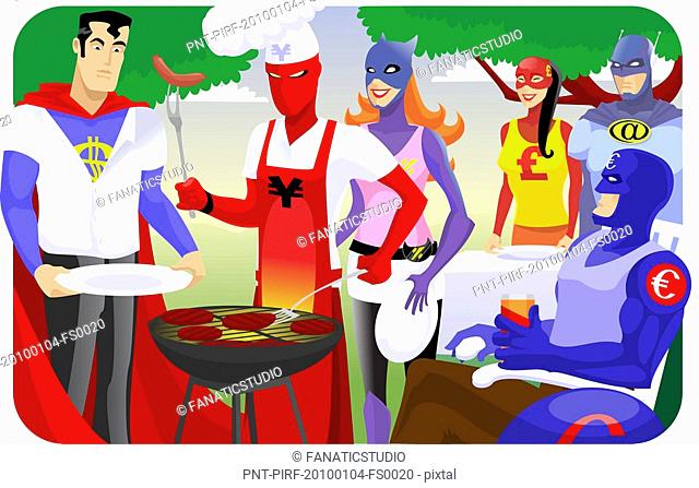 Super heroes in a barbecue party
