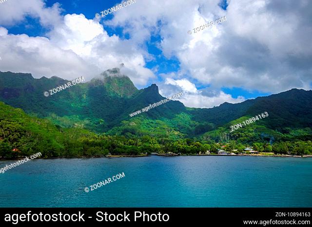 Moorea island harbor and Pacific ocean lagoon landscape. French Polynesia