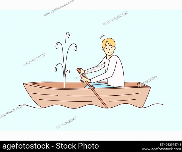 Stressed man rowing in boat see hole and water leaking. Unhappy frustrated male confused with ship leakage in water. Vector illustration