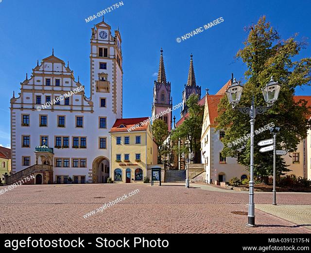 Neumarkt with town hall and Aegidienkirche in Oschatz, Landkreis Nordsachsen, Saxony, Germany