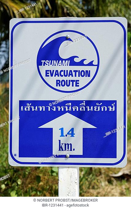 Tsunami warning sign showing escape routes, evacuation route, Khao Lak, Phuket, Thailand, Asia