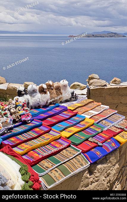 Local crafts for sale on the Island of the Sun on Lake Titicaca, Bolivia. South America