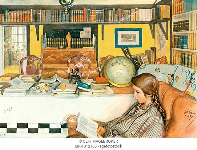The reading room, historical illustration, Carl Larsson, Let the light in, Berlin, 1909, No. 28