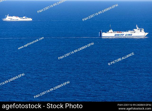 16 January 2023, Mecklenburg-Western Pomerania, Sassnitz: Ferries are underway on the Baltic Sea off the island of Rügen and can be seen from the future visitor...