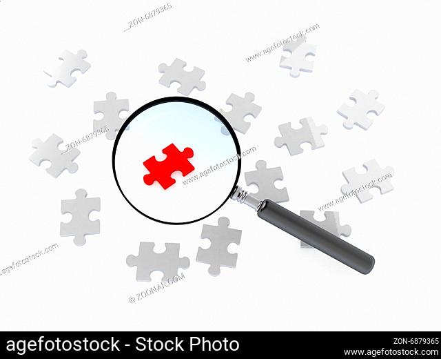 Outstanding concept, red puzzle piece standing out from the crowd, magnifying glass focusing on it, searching or analyzing, isolated on white background