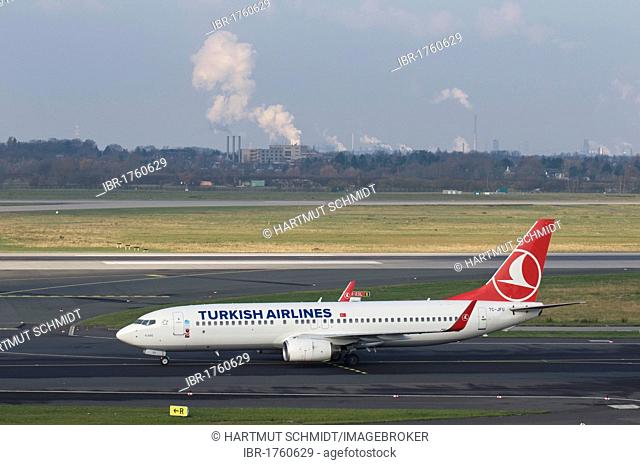 Turkish Airlines transport aircraft on the runway, Dusseldorf International Airport, North Rhine-Westphalia, Germany, Europe