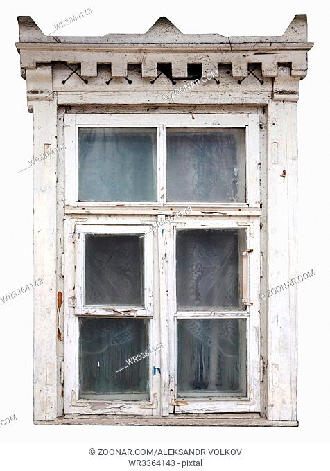The strange destroyed white window in the wooden house. Isolated