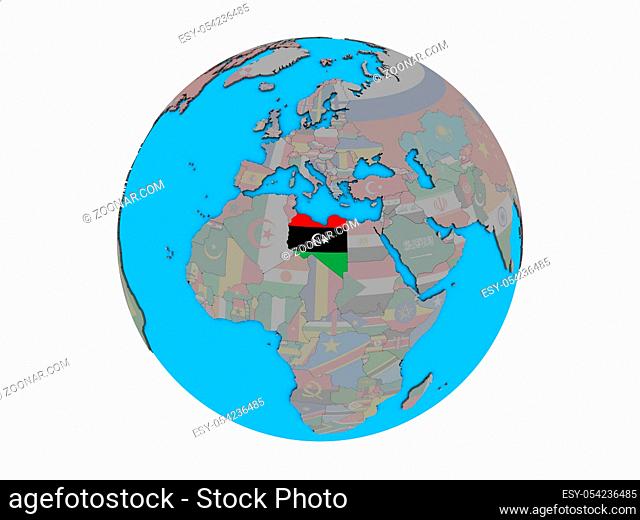 Libya with embedded national flag on blue political 3D globe. 3D illustration isolated on white background