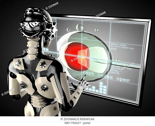 robot woman manipulating hologram displey