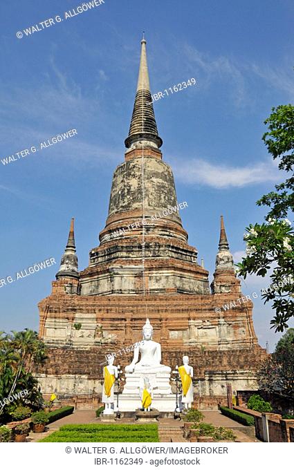 Buddha statues in front of the Great Chedi Chaya Mongkol, Wat Yai Chai Mongkon, Ayutthaya, Thailand, Asia