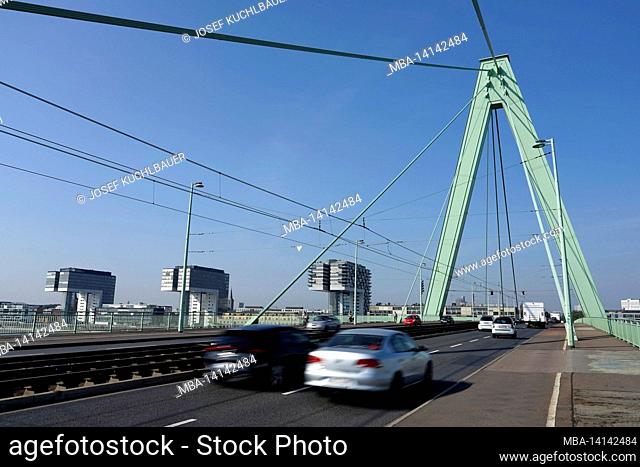 germany, north rhine-westphalia, cologne, severinsbrücke, traffic, crane houses