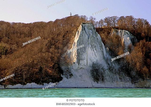 view from the sea at the steep coast with Koenigsstuhl and Stubbenkammer under a clear blue sky in spring, Germany, Mecklenburg-Western Pomerania
