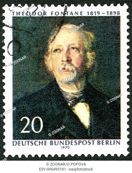 GERMANY - 1970: shows Theodor Fontane (1819-1898), poet and writer, painting by Hanns Fechner, 150th anniversary of the birth