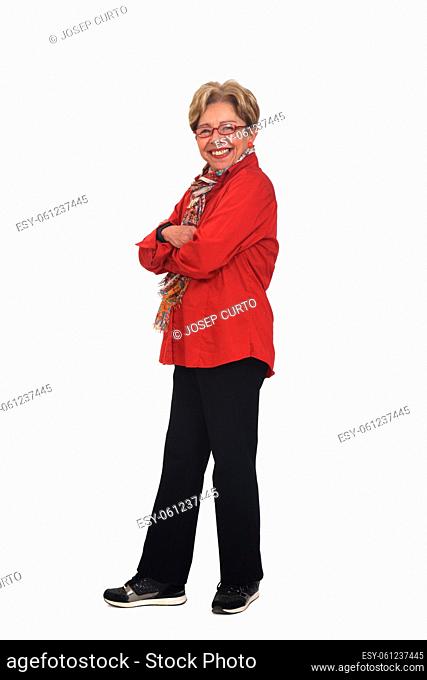 full portrait of happy woman with shirt and pants on white background