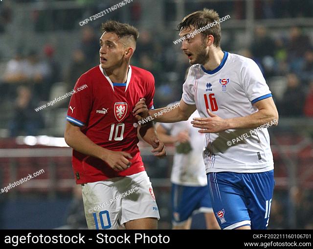 From left Mojmir Chytil of Czech Republic and Gunnar Vatnhamar of Faroe Islands in action during the friendly soccer match Czechia vs Faroe Islands in Olomouc
