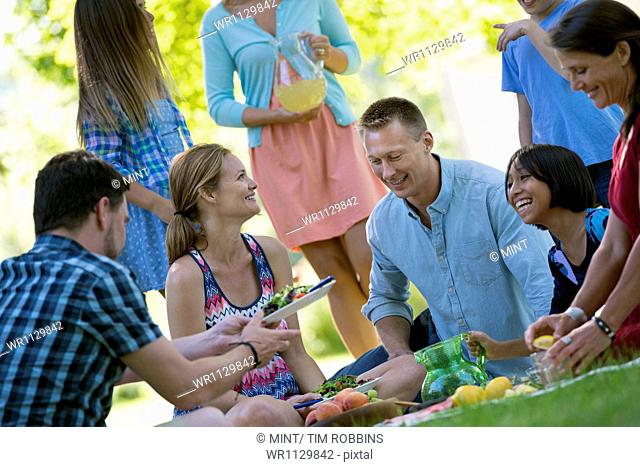 A group of adults and children sitting on the grass under the shade of a tree. A family party