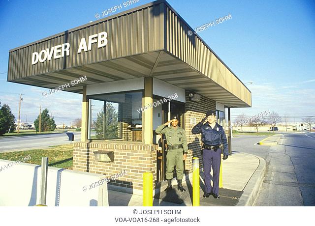 Two Soldiers Saluting at Main Gate of Dover Airforce Base, Dover, Delaware