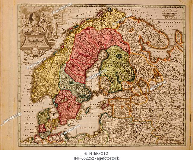 cartography, maps, Scandinavia, copper engraving, Atlas Novus by Georg Matthaeus Seutter, printed by Peter von Bhelen, Vienna, 1728, private collection, map