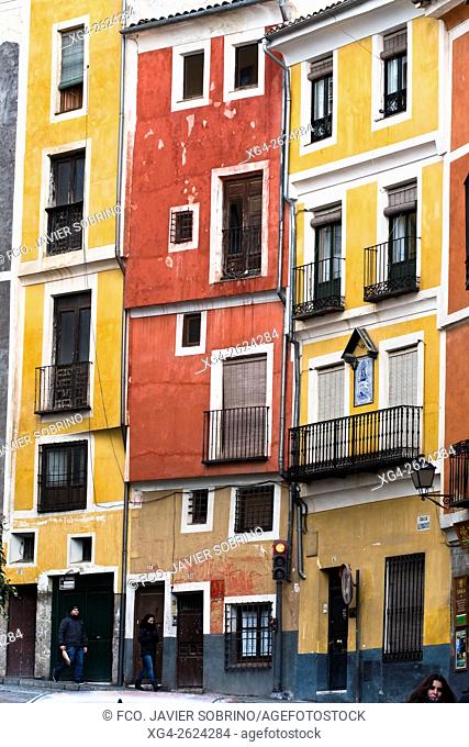 Fachadas coloreadas en la calle Alfonso VIII - Cuenca, Castile-La Mancha, Spain