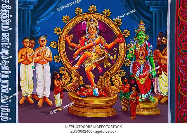 Colorful paintings on the ceiling of Nataraja Temple, Chidambaram, Tamil Nadu, India. Hindu temple dedicated to Nataraj. Shiva as the lord of dance