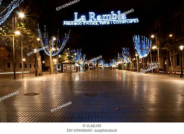 Night view of the La Rambla. Catalonia, Spain