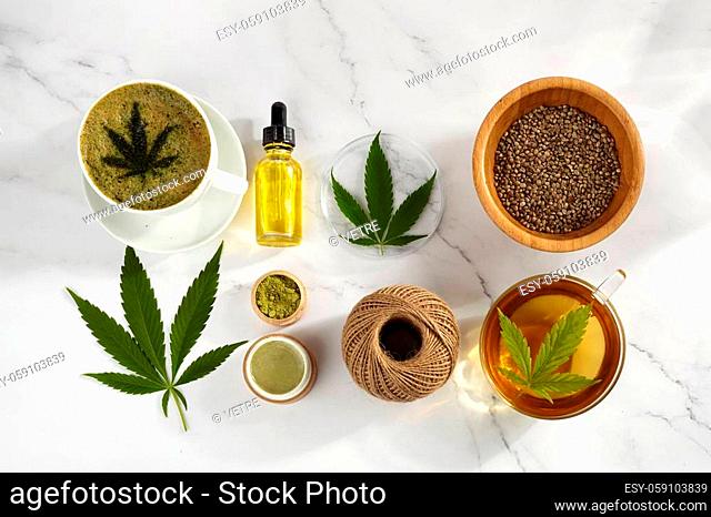 Flat lay composition from hemp, cannabis products. Cosmetic and drink. Top view