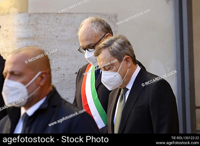 Italian Prime Minister Mario Draghi (R) mayor of Rome Roberto Gualtieri (C) attend at the opening of the Burial Chamber of the late EU Parliament President...