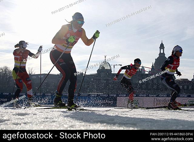 12 January 2020, Saxony, Dresden: Cross-country World Cup, team sprint freestyle, semi-finals, women: Monika Skinder (l-r) from Poland