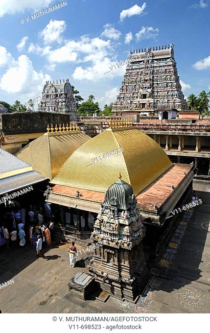 The Chit Sabha and Kanaka Sabha at the core of the Nataraja temple, Chidambaram, Tamil Nadu, India. The Roof of the Temple composed of 21, 600 gold tiles and 72