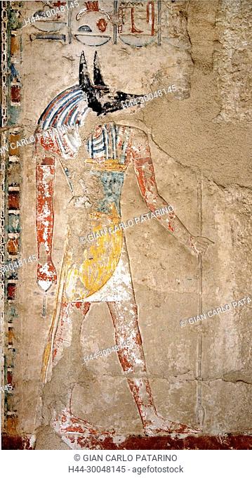 Deir el Bahari, Luxor, Egypt: temple of the queen Hatshepsut (New Kingdom 1567-1080 b.C.) at Deir el Bahari called Djeser-Djeseru: peinture in a chapel showing...
