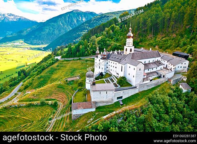 Abbey of Monte Maria in Alpine village of Burgeis view, Trentino Alto Adige region of Italy