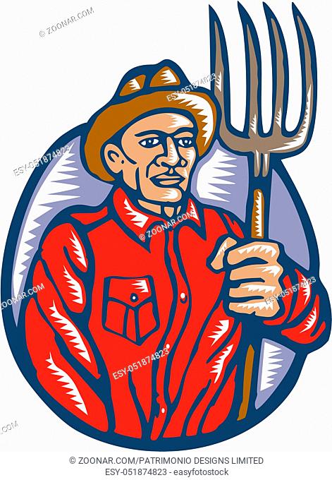 Illustration of an organic farmer holding pitchfork facing front done in retro woodcut linocut style