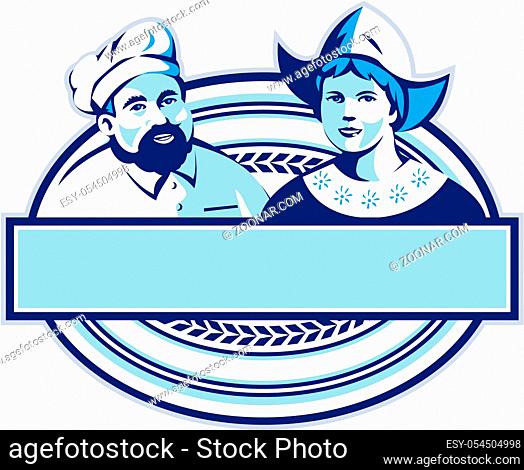 Illustration of a baker and Dutch lady wearing traditional dutch cap or dutch bonnet that resemble a nurse's hat set inside oval shape with banner done in retro...