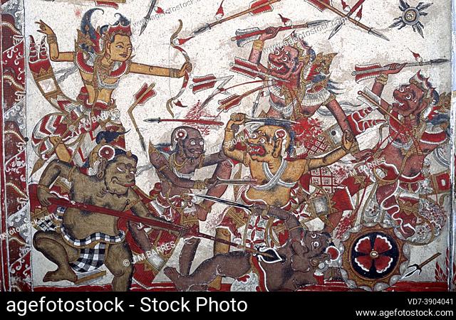 Wall paintings in Kertha Gosa Hall of Justice. Klungkung Palace, Semarapura, Bali, Indonesia
