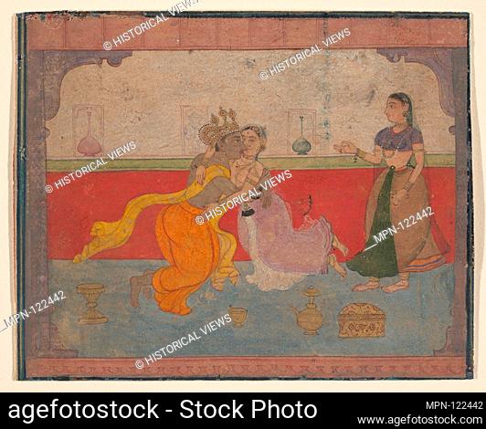 Krishna Kisses Radha: Page from the Boston Rasikapriya (Lover's Breviary). Date: ca.1610; Culture: India (Rajasthan, Amber?); Medium: Ink