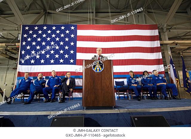 Johnson Space Center's (JSC) director Michael L. Coats speaks from a lectern in Ellington Field's Hangar 276 near JSC during the STS-121 crew return ceremonies