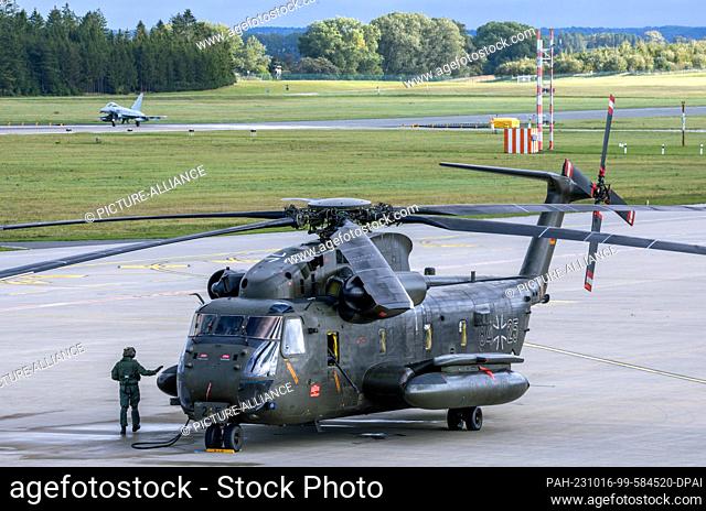 16 October 2023, Mecklenburg-Western Pomerania, Laage: A military helicopter stands at the airfield of Tactical Air Wing 73 ""Steinhoff"" during the exercise...