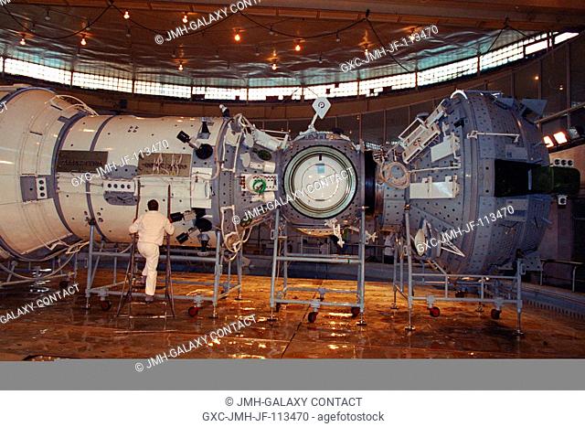 The Service Module (SM) and Functional Cargo Block (FGB) mockups are seen on the hydrolab in this wide angle scene from Star City