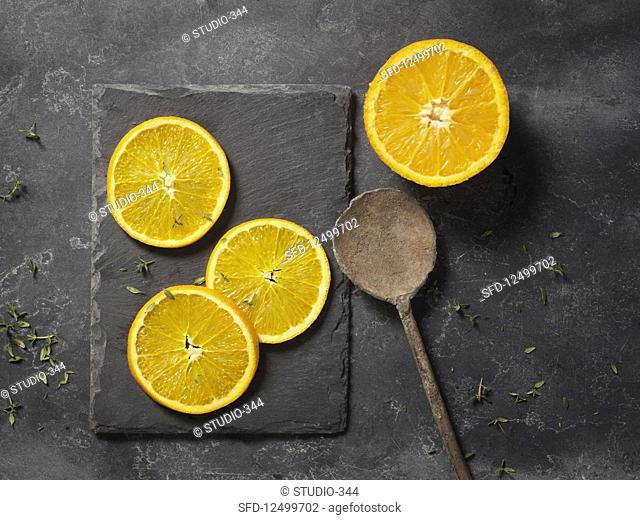 Oranges on slate