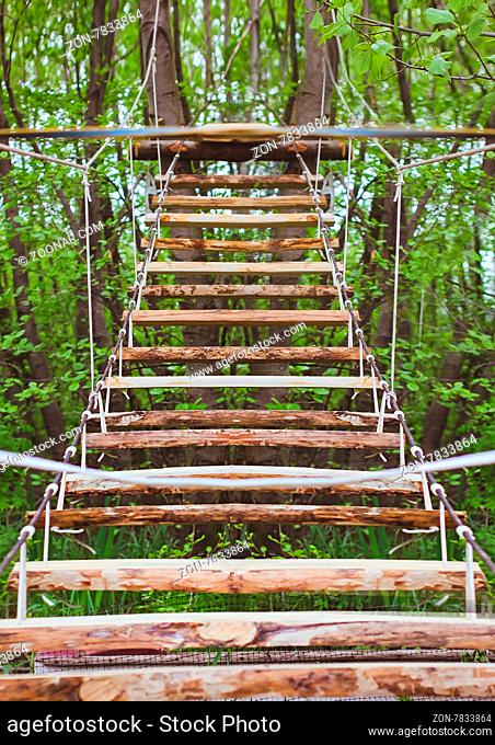 Wooden stairs in the green forest park with ropes