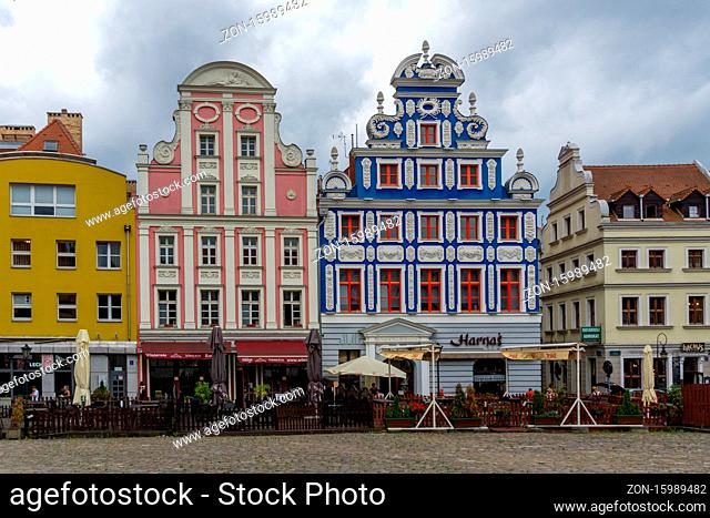 Szchecin, Poland - 19 August 2020: old town hall and square in the heart of Stettin downtown